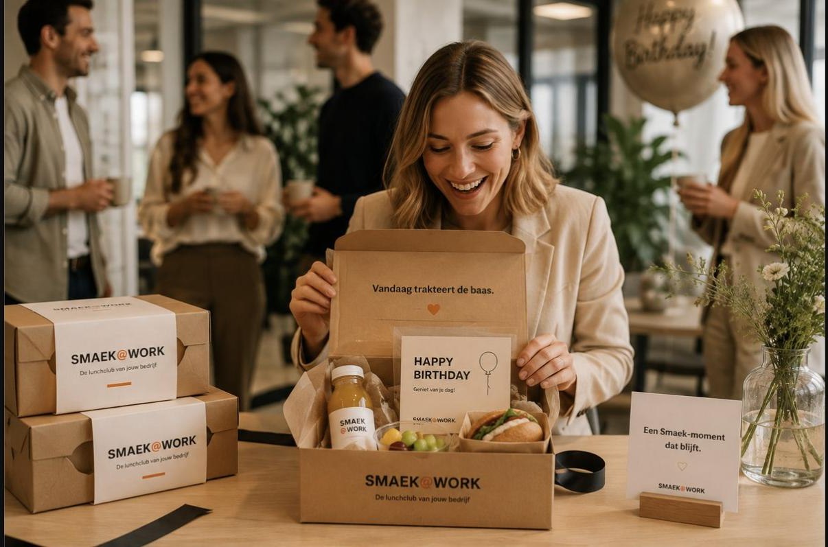 Medewerker opent een persoonlijk Smaek@Work verjaardagspakket op kantoor